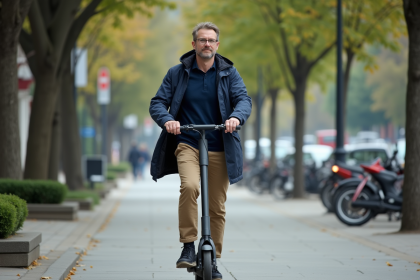 Homme d'âge moyen en scooter électrique dans une ville