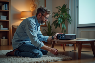 Homme en salon installe un projecteur compact pour la maison