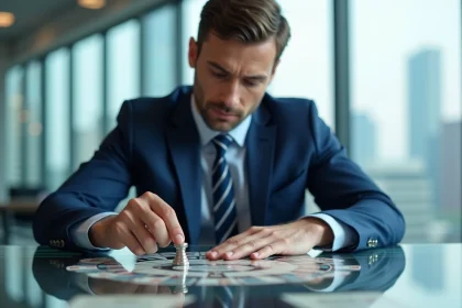 Homme en costume bleu jouant à Monopoly dans un bureau moderne