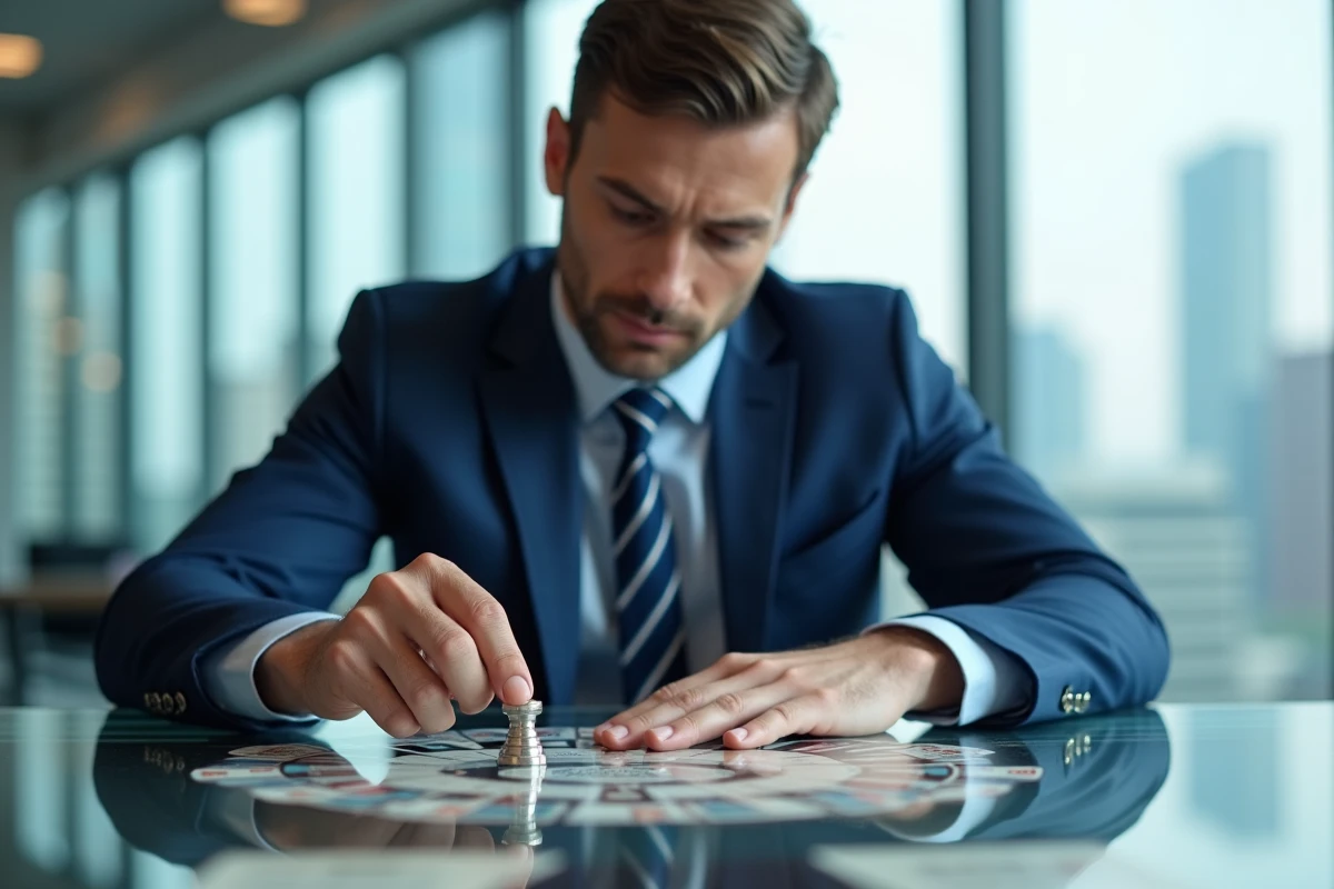 Homme en costume bleu jouant à Monopoly dans un bureau moderne