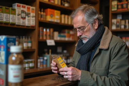 Homme d'âge moyen examinant un pouch de tabac dans un bureau de tabac français