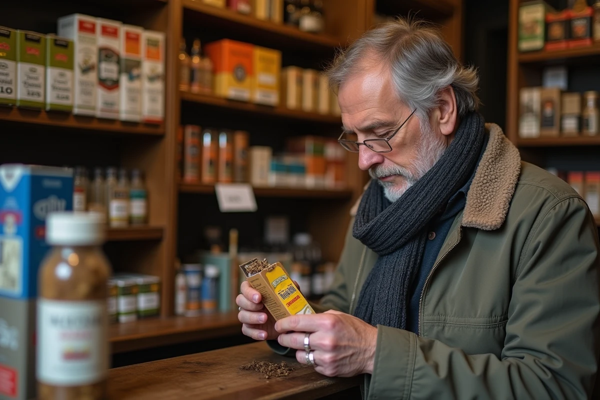 Homme d'âge moyen examinant un pouch de tabac dans un bureau de tabac français