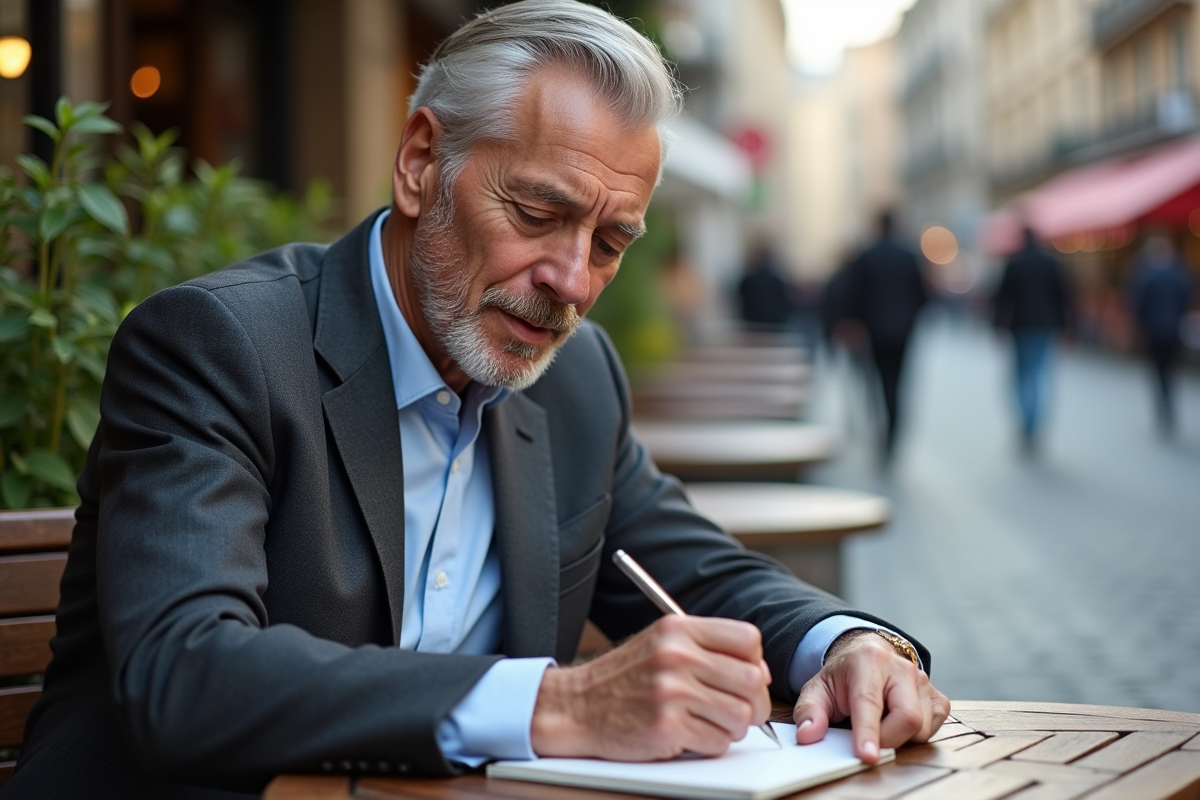 Homme d age prenant des notes en terrasse de café