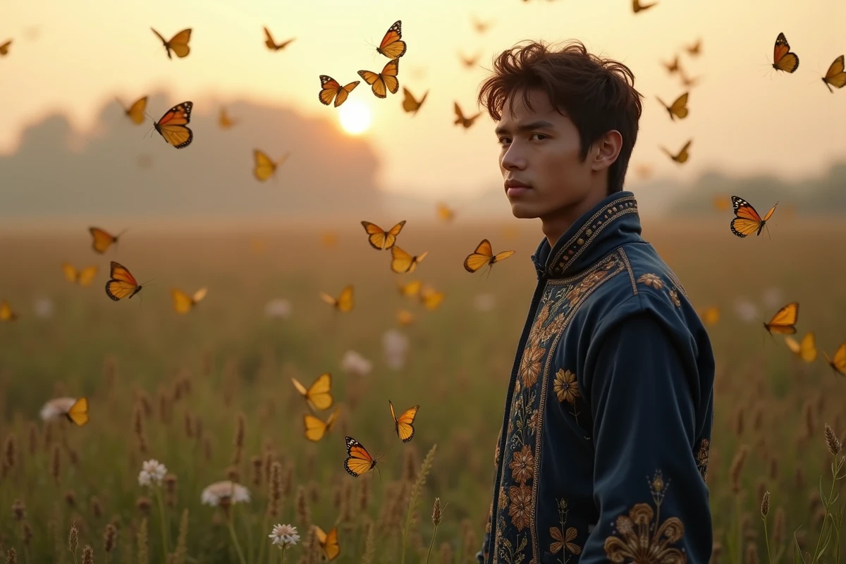 Jeune homme portant une veste brodée de papillons dans une prairie fleurie au crépuscule, illustrant le symbolisme du papillon comme animal totem du renouveau