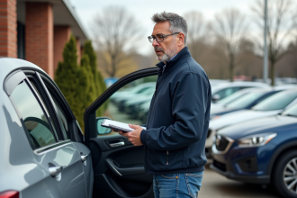 Homme examine une voiture d'occasion devant un concessionnaire