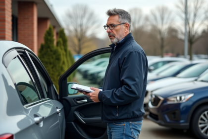 Homme examine une voiture d'occasion devant un concessionnaire