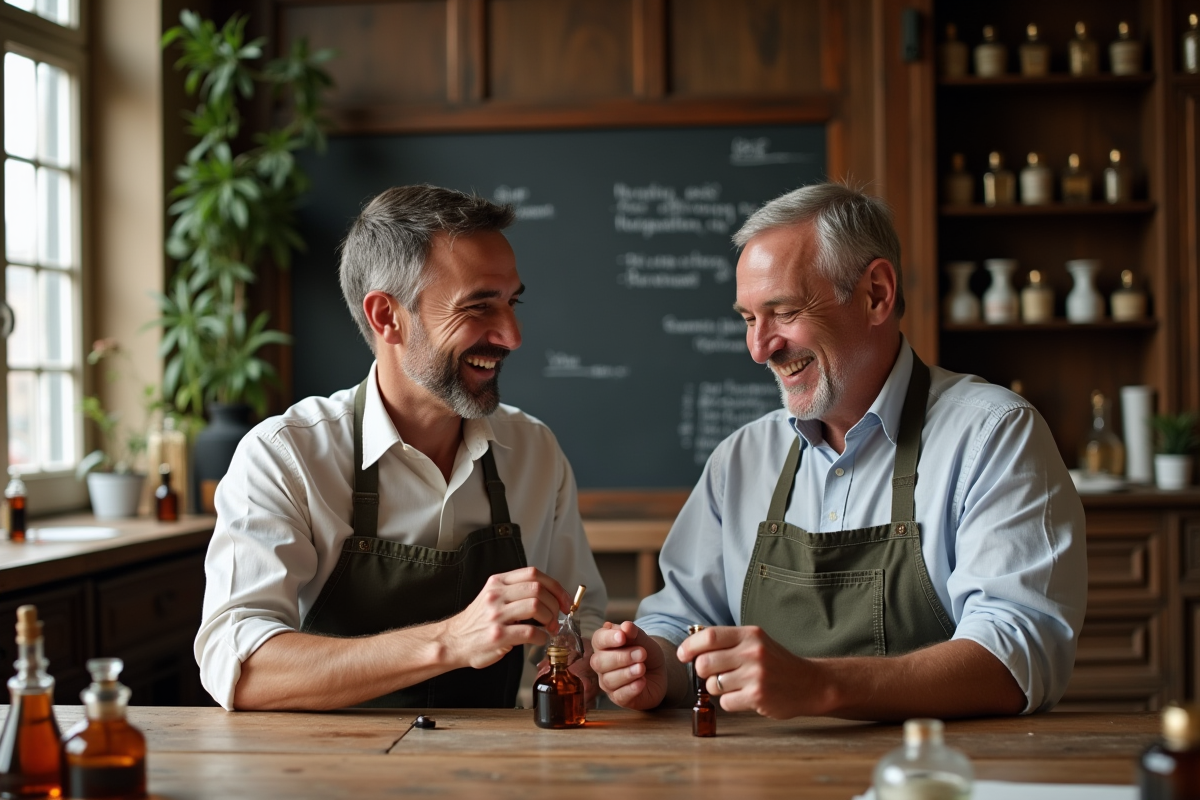 Deux hommes créant des parfums dans un atelier