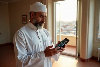 Homme consultant les horaires de prière et la boussole qibla sur son smartphone à Marseille