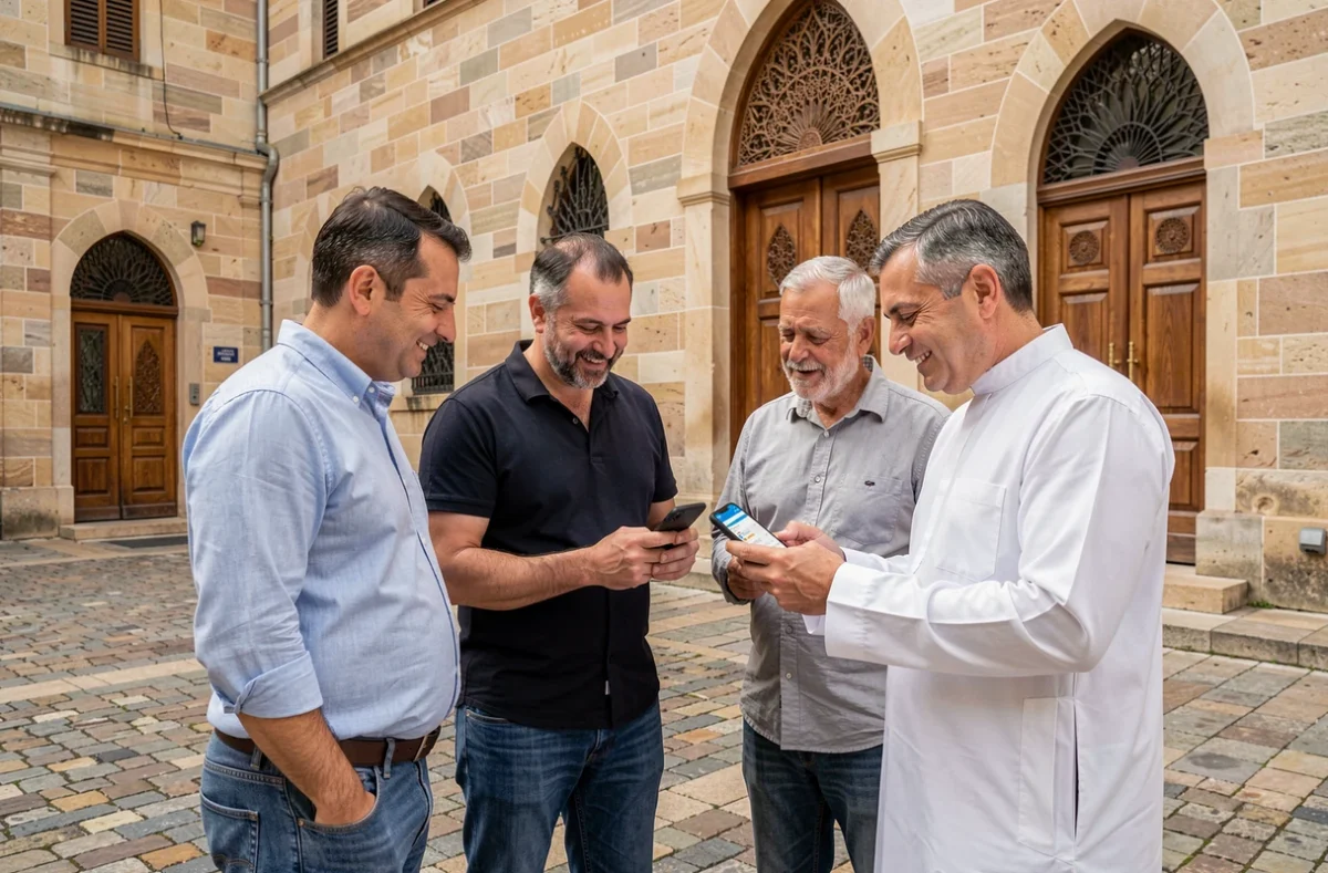 Groupe d'hommes musulmans vérifiant les heures de prière sur smartphone devant la façade d'une mosquée à Bordeaux