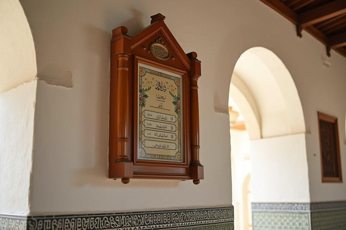 Horloge des horaires de prière islamique affichant le temps avant l'iqama dans une mosquée de Marseille