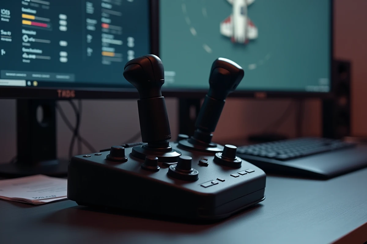 Manette HOTAS et écran de configuration d'avion Phantom dans un simulateur de vol réaliste sur bureau dédié