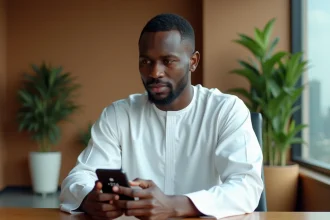 Homme d'affaires nigérian composant le code pays +234 sur son smartphone dans un bureau moderne à Lagos