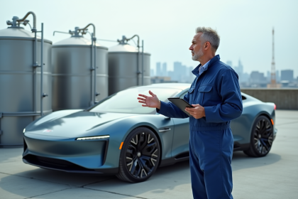 Ingénieur en overalls devant voiture hydrogene moderne