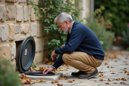 Homme français inspectant une trappe extérieure en Provence