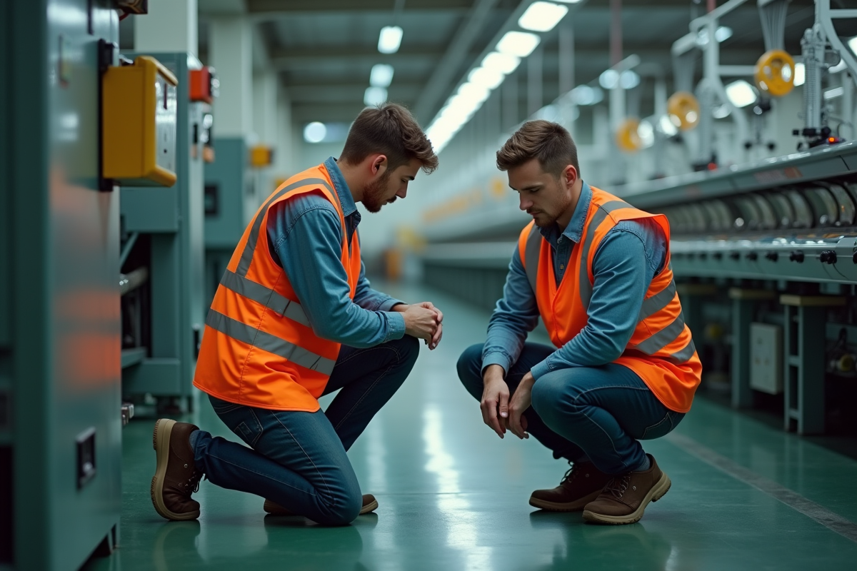 Jeune homme inspectant une machine à textile en atelier