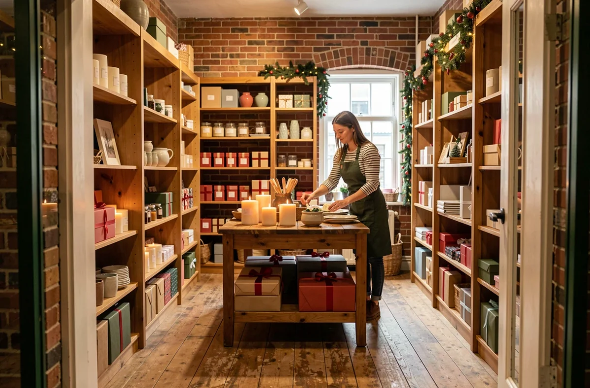 Intérieur d'une boutique artisanale ouverte le dimanche de Noël avec vendeuse arrangeant des cadeaux sur une table en bois