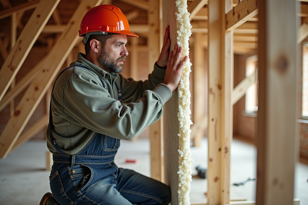 Ouvrier isolant un mur en rénovation avec laine mineral dans un grenier
