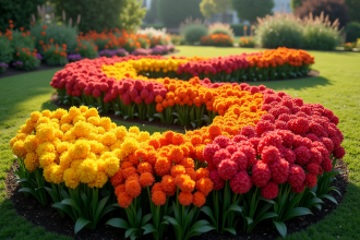 Jardin avec massif de fleurs en S sous lumière douce du matin