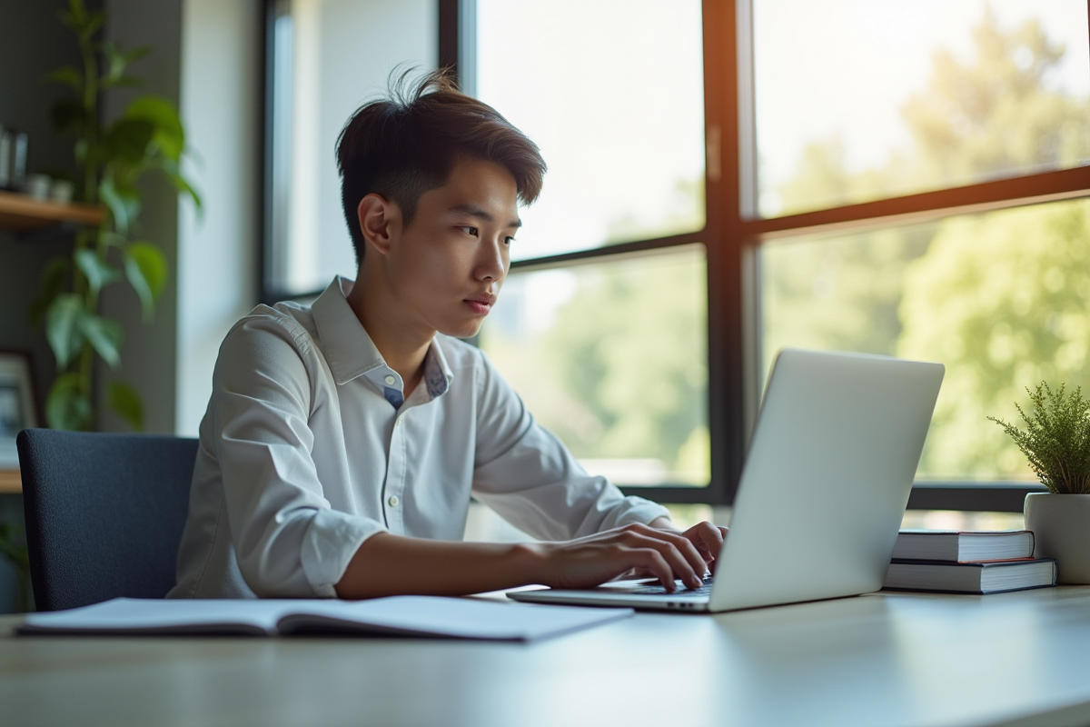 Jeune adulte travaillant sur un ordinateur dans un bureau lumineux