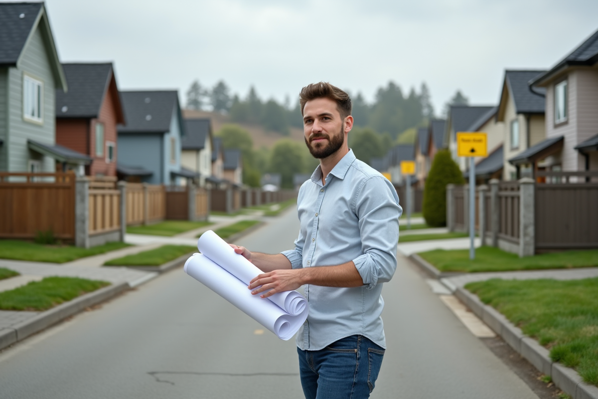 Jeune architecte homme montre un plan de site dans un quartier résidentiel