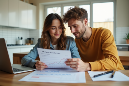 Jeune couple examinant des documents de prêt immobilier à la maison