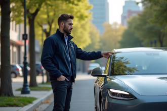 Jeune ingénieur pointant vers le tableau de bord d'une voiture électrique moderne