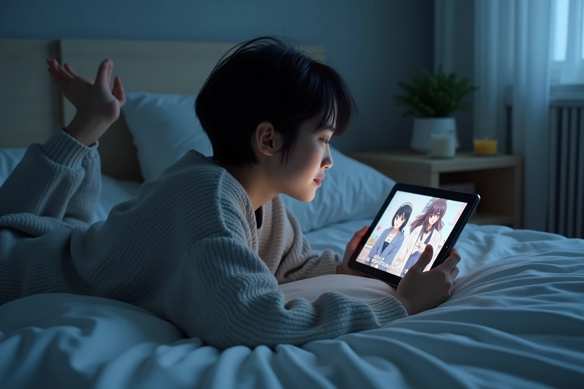 Jeune femme regardant un anime sur une tablette dans une chambre minimaliste la nuit avec interface de streaming visible