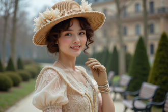 Jeune femme élégante en robe de l'époque Belle Époque à Paris