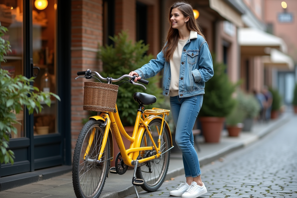 Jeune femme avec vélo devant une boulangerie