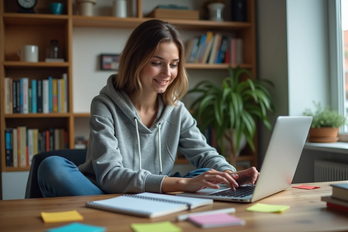 Jeune femme concentrée travaillant à son bureau cosy