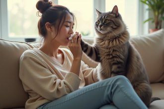 Jeune femme sur canapé avec chat qui éternue dans un salon lumineux