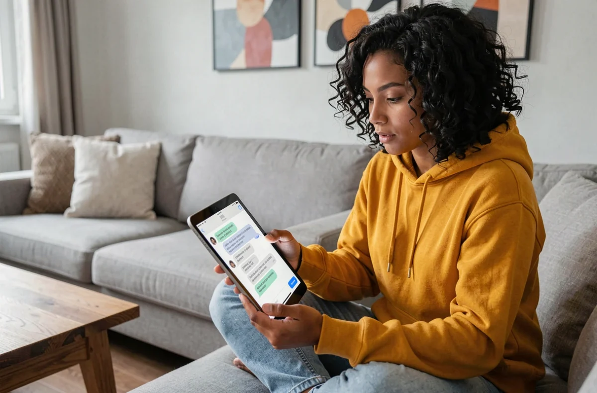 Jeune femme débutante en IA utilisant ChatGPT gratuit en français sur une tablette dans son salon