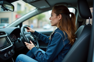 Jeune femme concentrée au volant d'une voiture en ville
