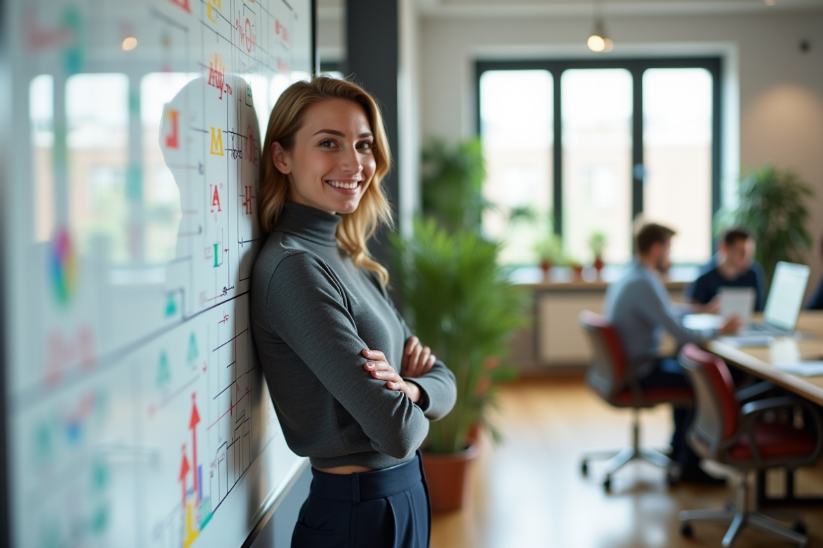 Jeune femme souriante avec tableau blanc d