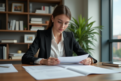 Jeune femme en blazer lisant des diplômes dans un bureau moderne