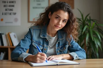 Jeune femme en denim écrit dans un journal cosy