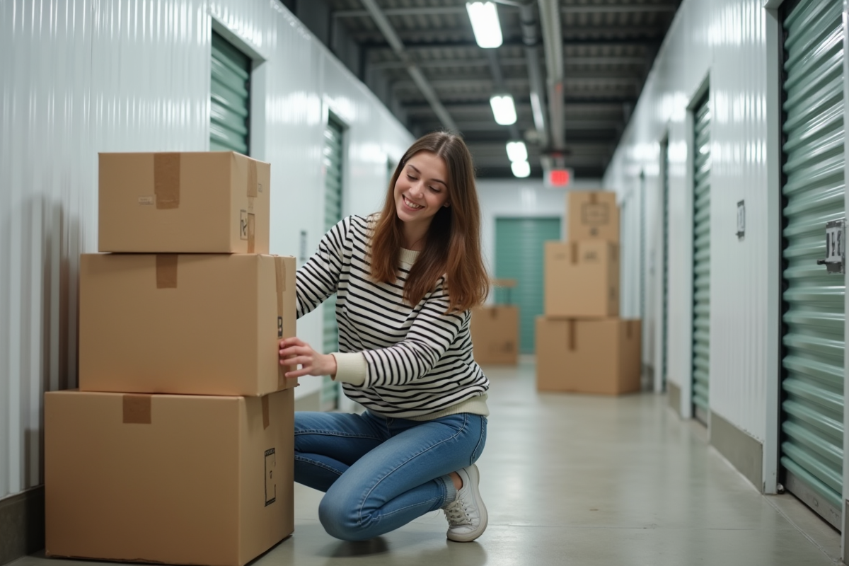 Jeune femme emballant une boîte dans un centre de stockage lumineux