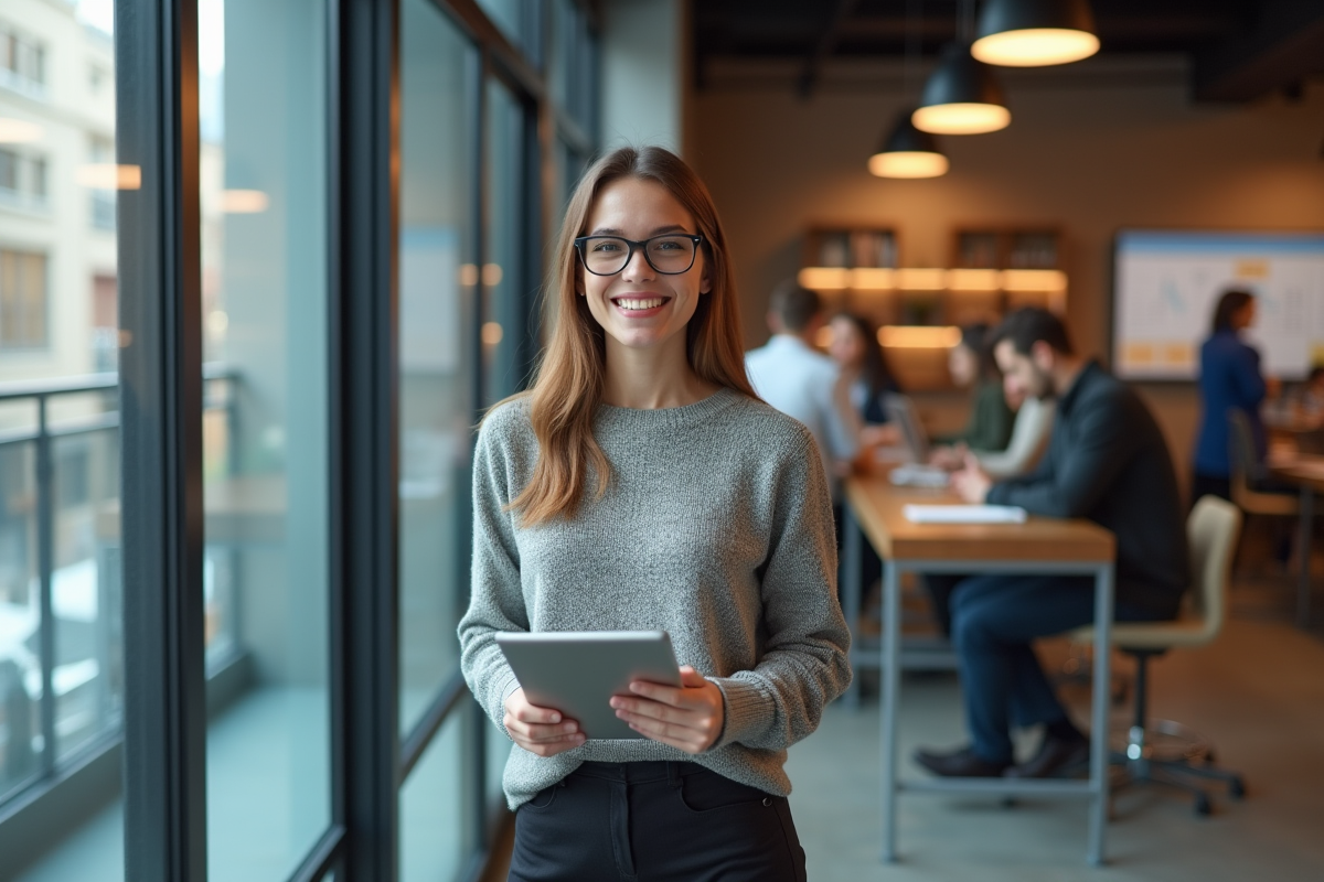 Jeune femme entrepreneure souriante dans un espace de coworking