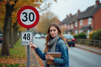 Jeune femme pointant un panneau vitesse 30 mph avec manuel de conduite