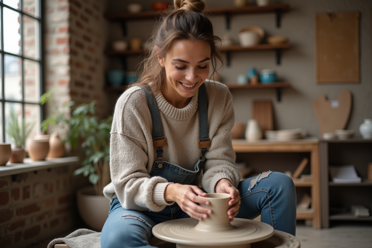 Jeune femme façonnant de l'argile sur un tour de potier