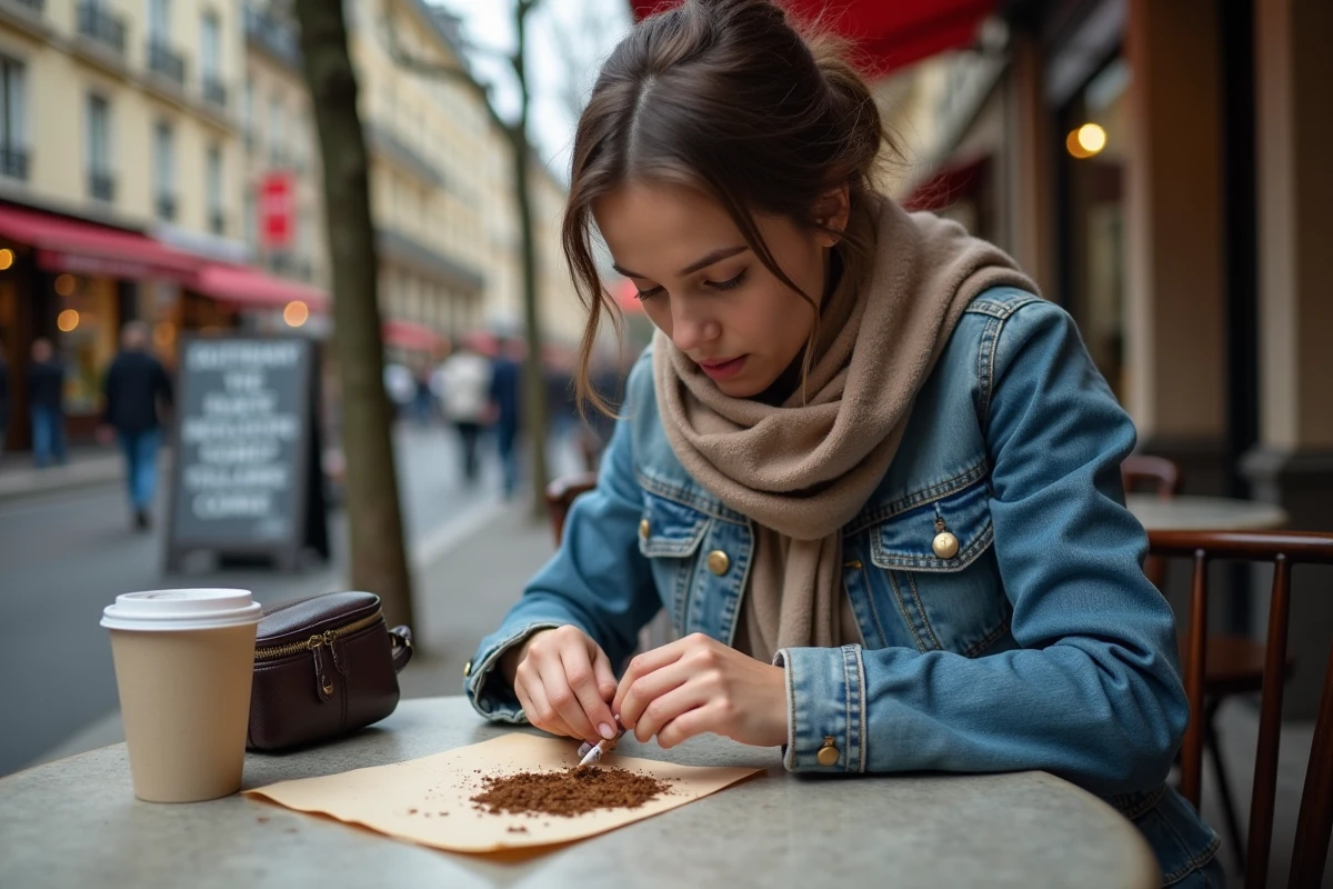 Jeune femme préparant une cigarette sur une terrasse parisienne