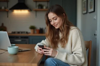 Jeune femme assise à une table de cuisine avec smartphone