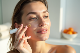 Jeune femme appliquant un serum sur le visage dans une salle lumineuse