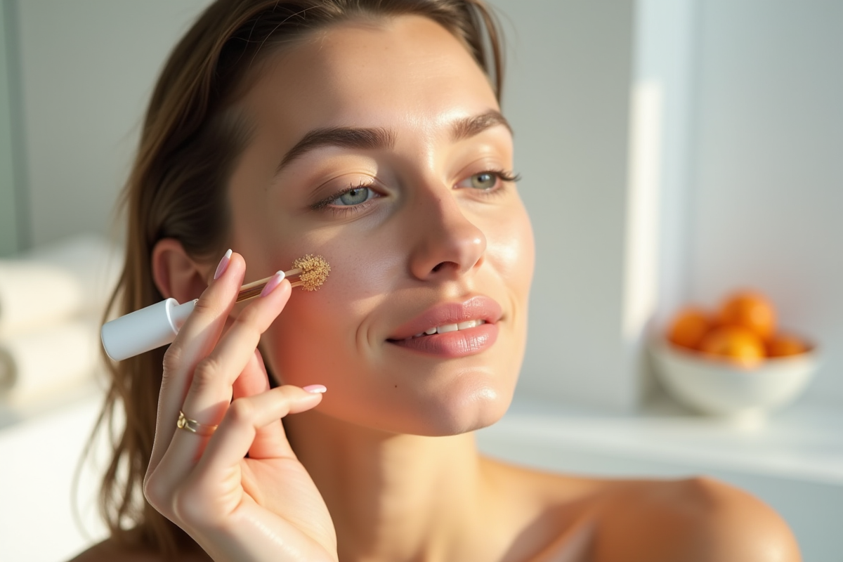 Jeune femme appliquant un serum sur le visage dans une salle lumineuse