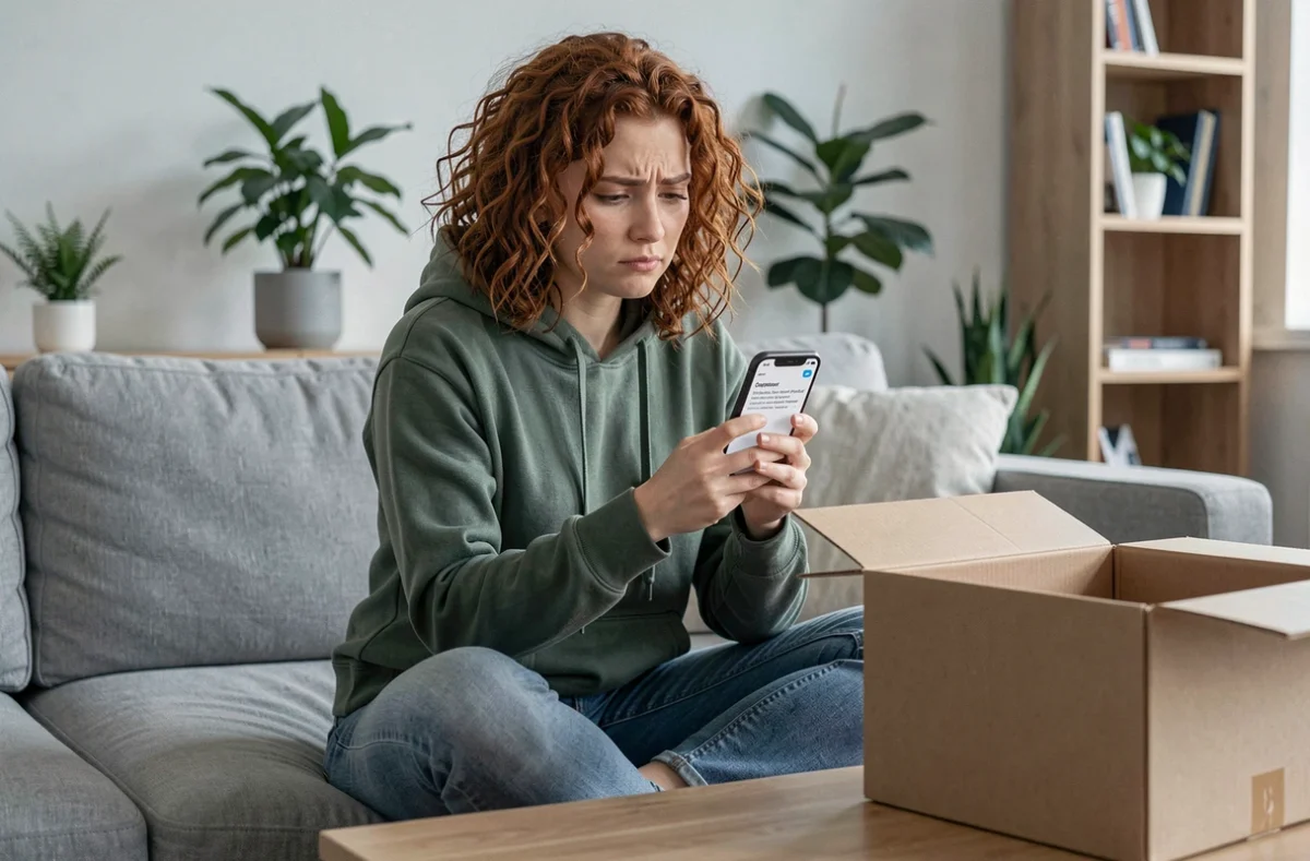 Jeune femme sur un canapé consultant le service client AliExpress depuis son téléphone après réception d'un colis