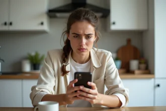 Jeune femme frustrée avec smartphone dans cuisine moderne