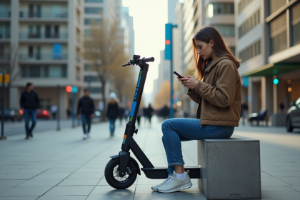 Jeune femme avec scooter en ville regardant son smartphone