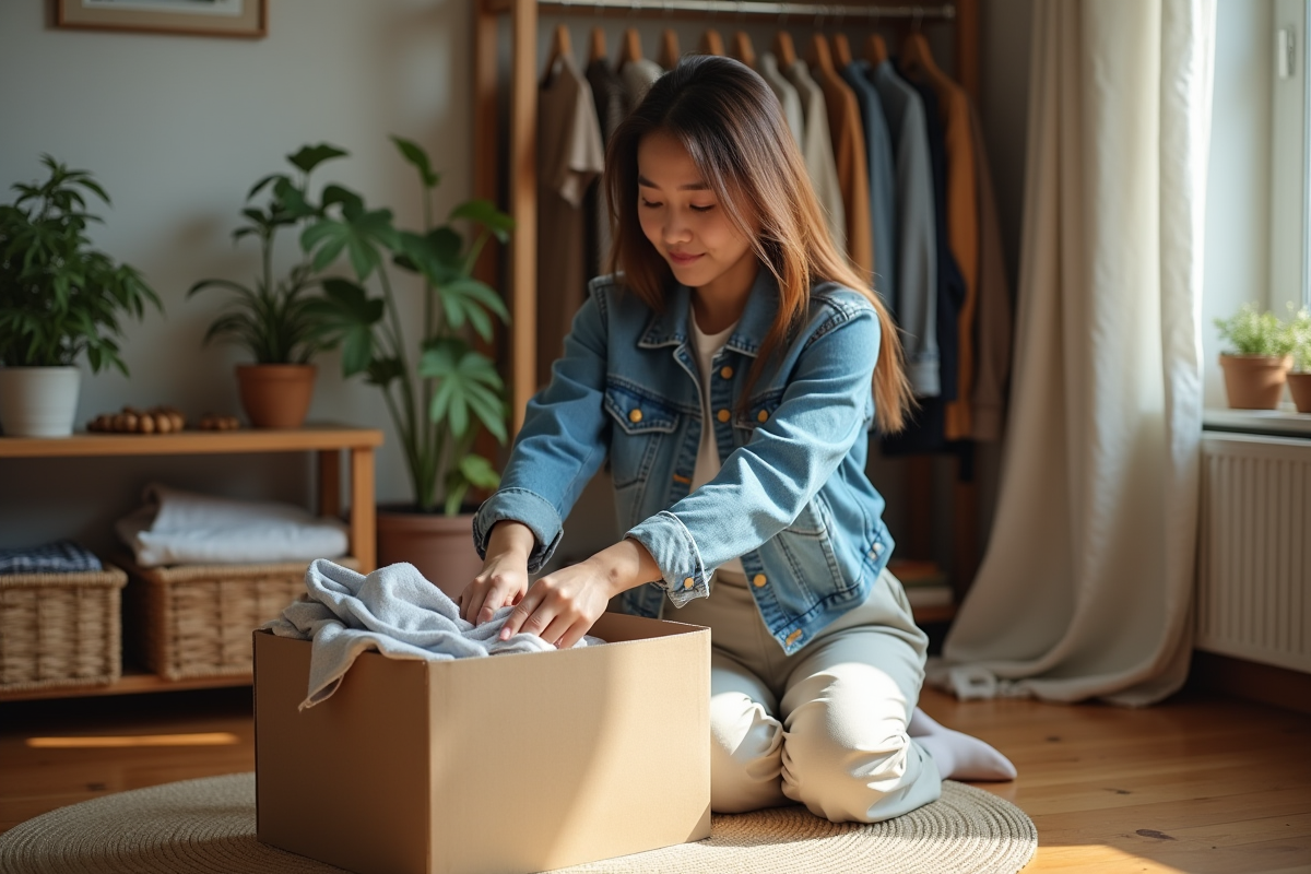 Jeune femme en denim vintage trie des vêtements dans un appartement lumineux