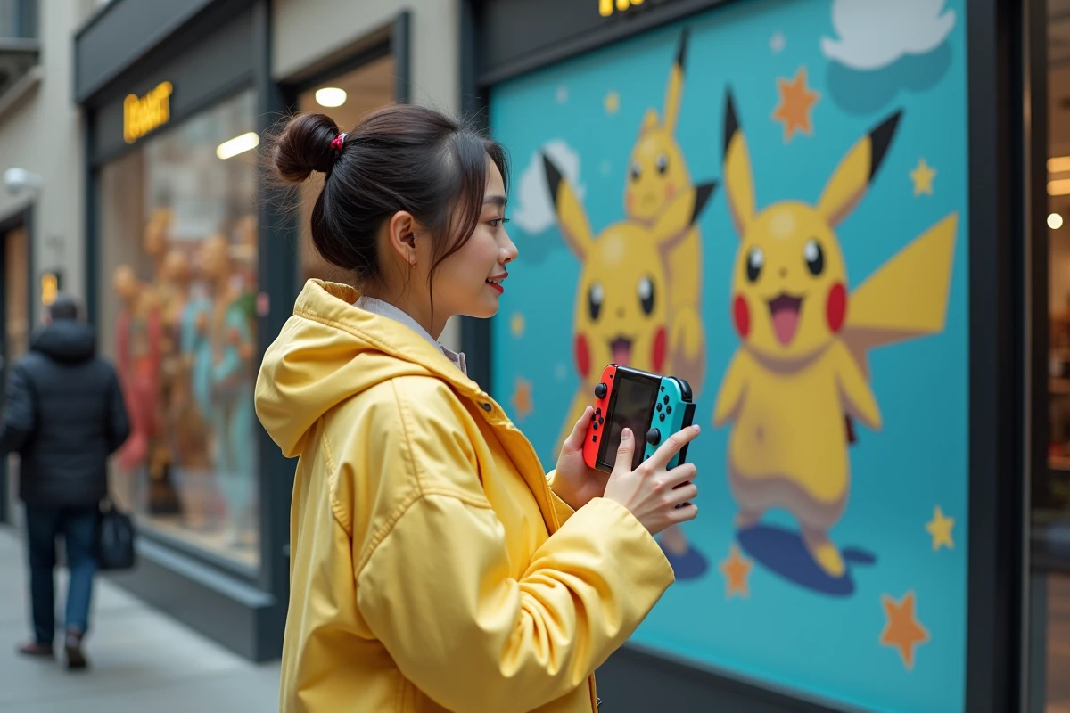 Jeune femme devant la vitrine d'un magasin de jeux vidéo présentant les nouveaux Pokémon 2026