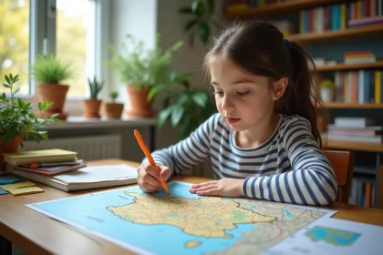 Jeune fille en jeans et rayures étudie une carte de France